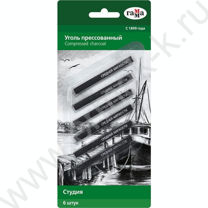 Уголь прессованный "Студия" средней мягкости, квадратный 6шт/блистер европодвес | Фото 1