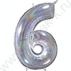 Шар воздушный 40" Цифра 6 голография серебро /Silver 102см | Фото 1