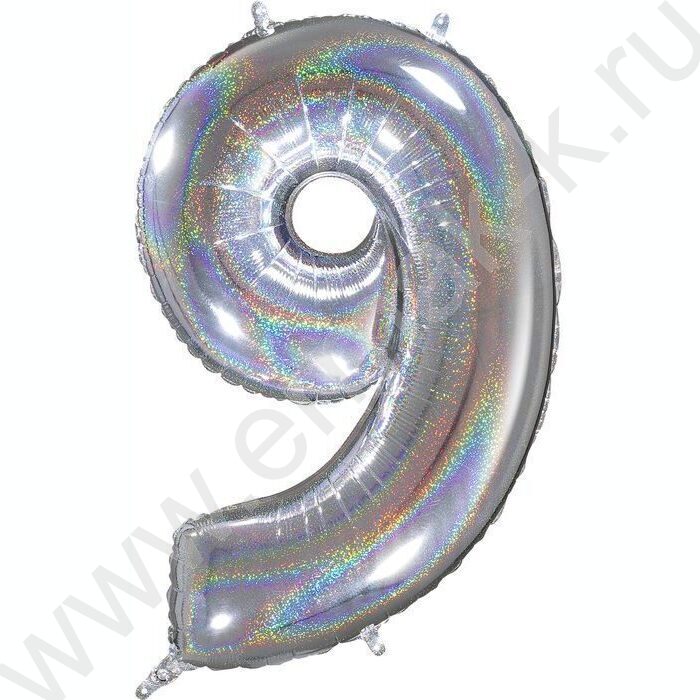 Шар воздушный 40" Цифра 9 голография серебро /Silver 102см | Фото 1