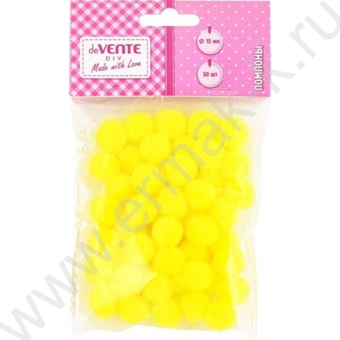 Помпоны d-15мм 50шт, цвет желтый, европодвес | Фото 1