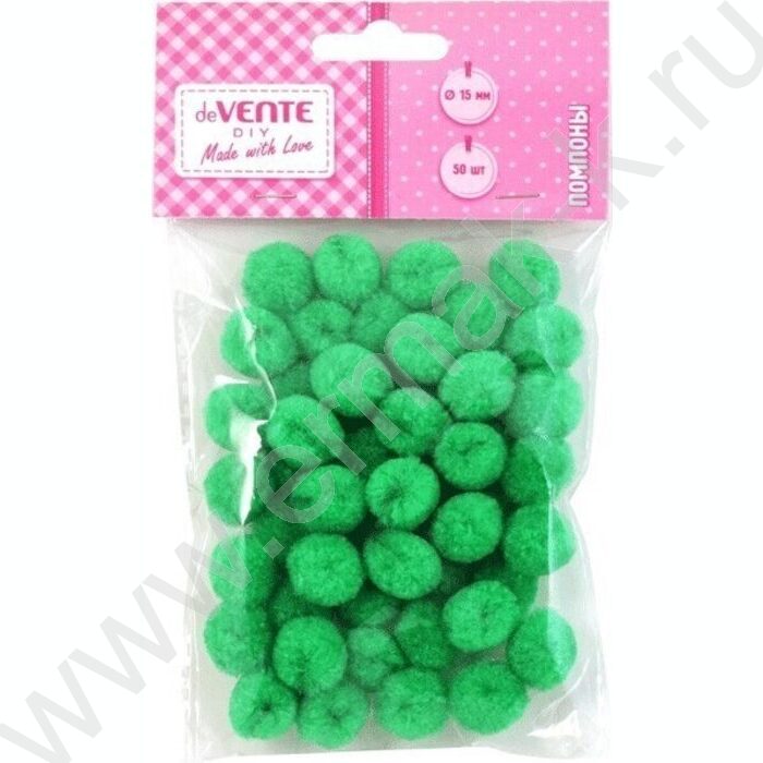 Помпоны d-15мм 50шт, цвет зеленый, европодвес | Фото 1