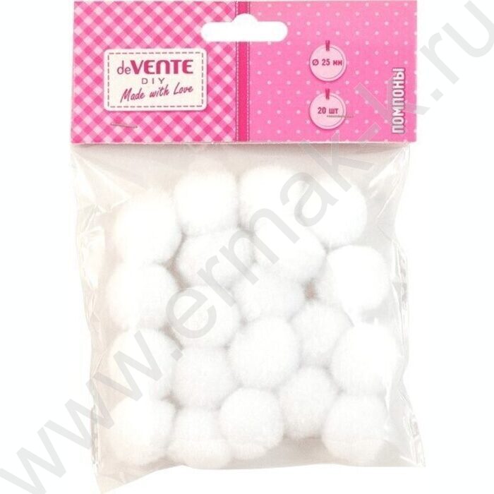 Помпоны d-25мм 20шт, цвет белый, европодвес | Фото 1