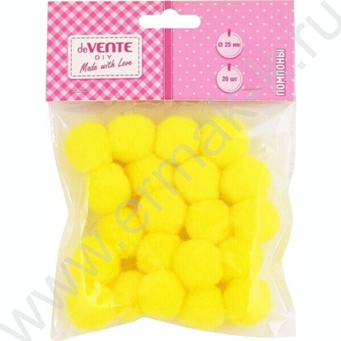 Помпоны d-25мм 20шт, цвет желтый, европодвес | Фото 1