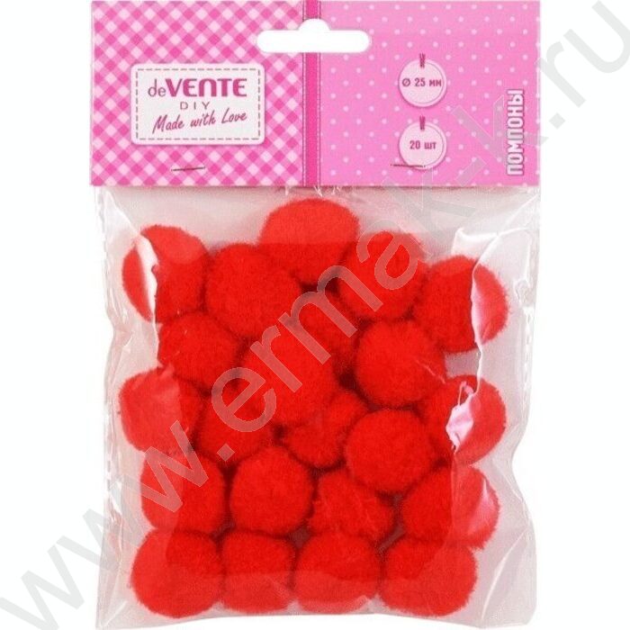 Помпоны d-25мм 20шт, цвет красный, европодвес | Фото 1