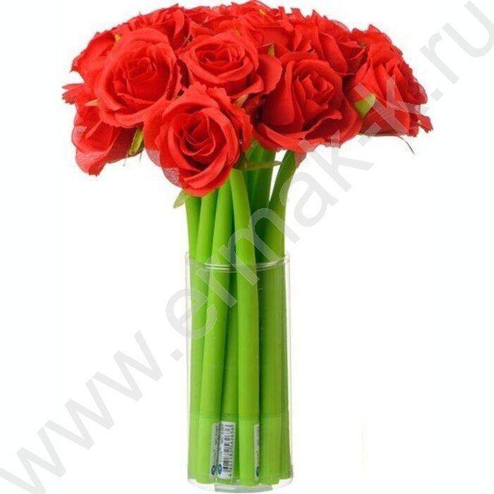 Ручка шар синяя Красная роза/прорезиненный корпус зелёного цвета, наконечник цветок | Фото 2