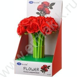 Ручка шар синяя Красная роза/прорезиненный корпус зелёного цвета, наконечник цветок | Фото 3