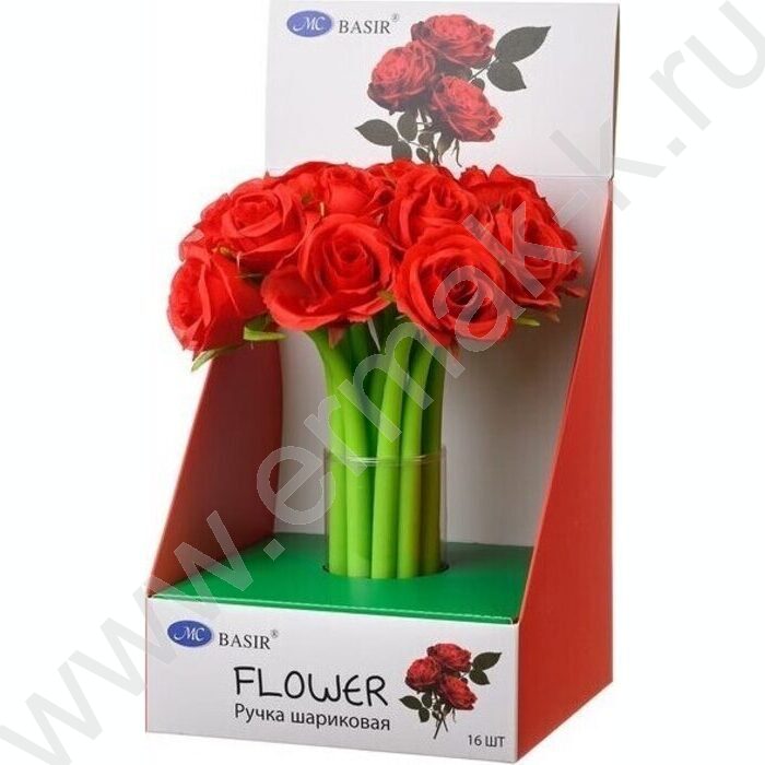 Ручка шар синяя Красная роза/прорезиненный корпус зелёного цвета, наконечник цветок | Фото 3