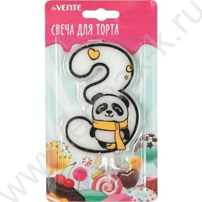 Свеча -цифра "3" тортовые Панда с рисунком, белая 9,1*6,6*1см /блистер | Фото 1