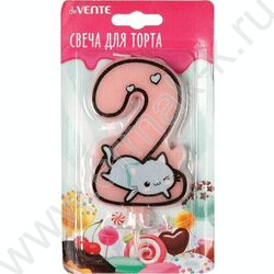 Свеча -цифра "2" тортовые Котик с рисунком, розовая 9,1*6,6*1см /блистер | Фото 1