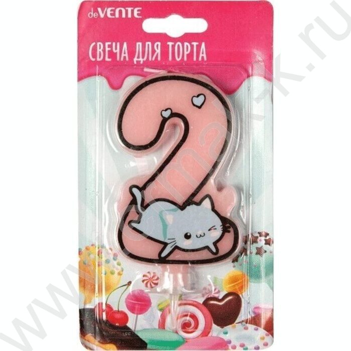 Свеча -цифра "2" тортовые Котик с рисунком, розовая 9,1*6,6*1см /блистер | Фото 1