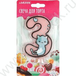 Свеча -цифра "3" тортовые Котик с рисунком, розовая 9,1*6,6*1см /блистер | Фото 1