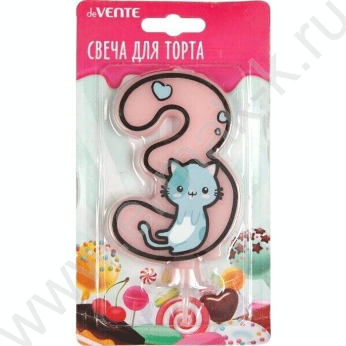 Свеча -цифра "3" тортовые Котик с рисунком, розовая 9,1*6,6*1см /блистер | Фото 1