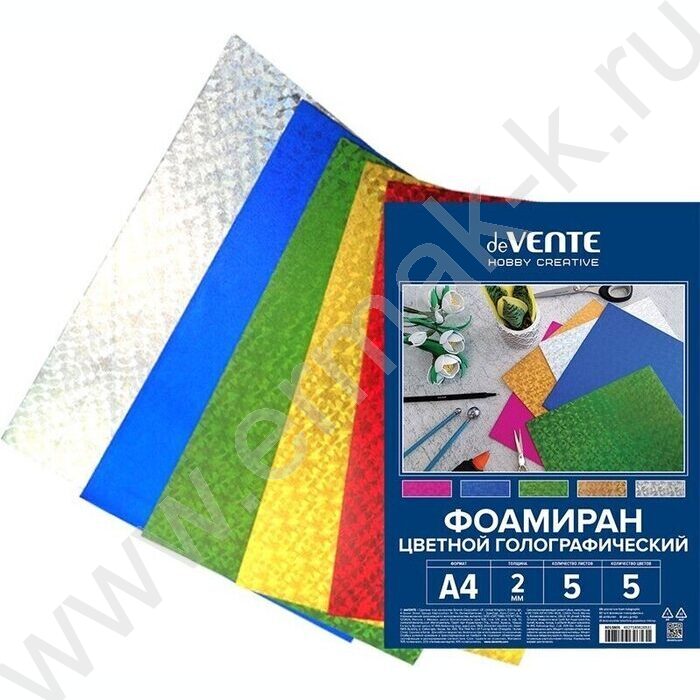 Фоамиран цветной голографический А4  5л/5цв 2мм пл.пакет с европодвесом | Фото 1