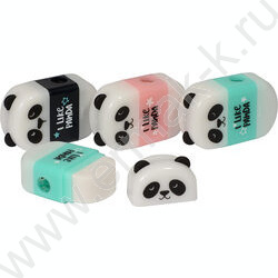 Точилка 1отв. пластик/с контейнером+ластик/ FunGraphix. Панда 3вида | Фото 1