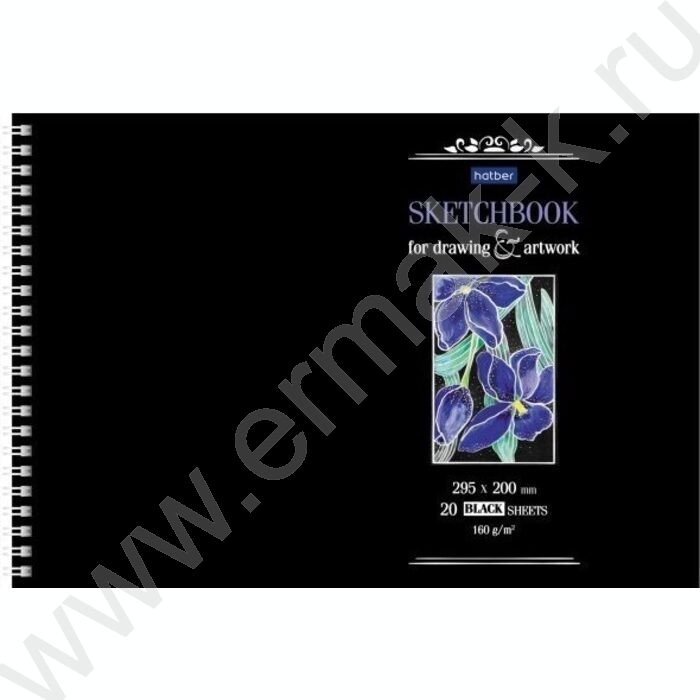 Скетчбук  20л А4 спираль "Ирисы" блок из черной бумаги 160г/кв.м /жесткая подложка | Фото 1