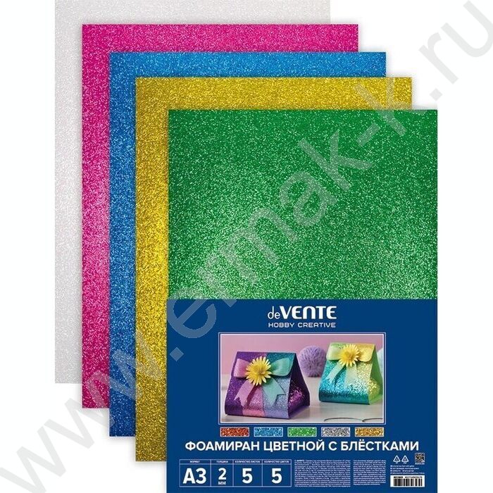 Фоамиран цветной с блёстками А3  5л/5цв 2мм пл.пакет с европодвесом | Фото 1