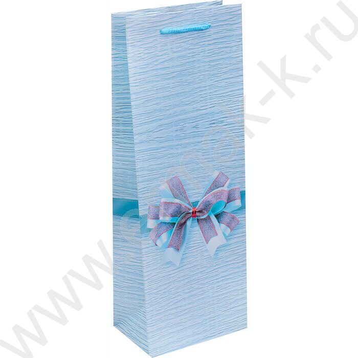 Пакет подарочный с матовой лам. 210гр 12,8*36*8,4см (Бутылка) Милый бантик, голубой | Фото 1