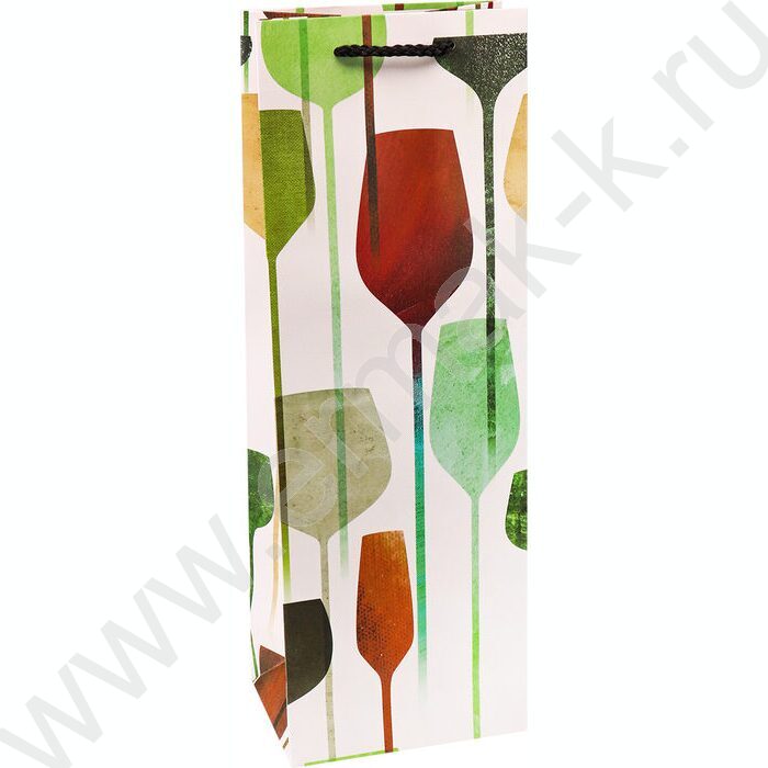 Пакет подарочный с матовой лам. 210гр 12*36*8,5см  (Бутылка) Бокалы, белый | Фото 1