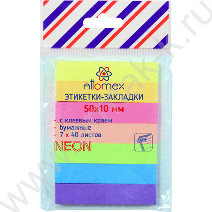 Набор самокл. этикеток-закладок 10*50мм /40л*7цв неон пл.блистер европодвес | Фото 1