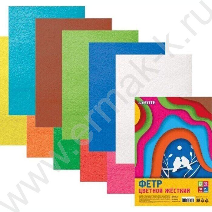Фетр А4 Яркие цвета 2мм 10цв/10л /жесткий /пл.пакет с европодвесом | Фото 1