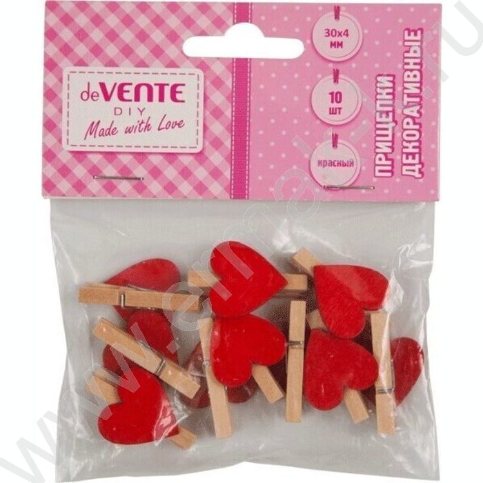 Прищепки декоративные "Hearts" 3*0,4см  10шт, дерево /красные /блистер | Фото 2