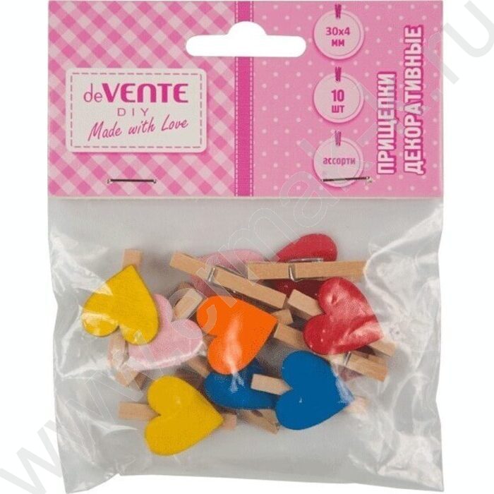 Прищепки декоративные "Hearts" 3*0,4см  10шт, дерево /ассорти цветов /блистер | Фото 1