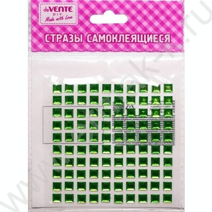 Наклейки-стразы акриловые "Square" размер 6мм, карточка 8,6*8,6см, 100шт /зеленые /блистер | Фото 1