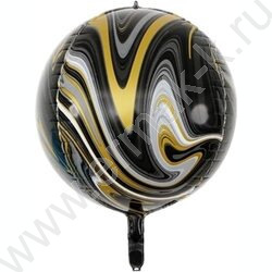 Шар фольга 22" Сфера 4D Мрамор черный/золотой 55см | Фото 1