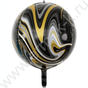 Шар фольга 22" Сфера 4D Мрамор черный/золотой 55см