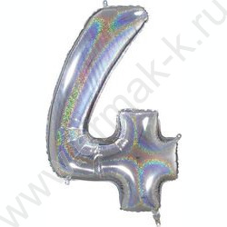 Шар воздушный 40" Цифра 4 голография серебро /Silver 102см | Фото 1