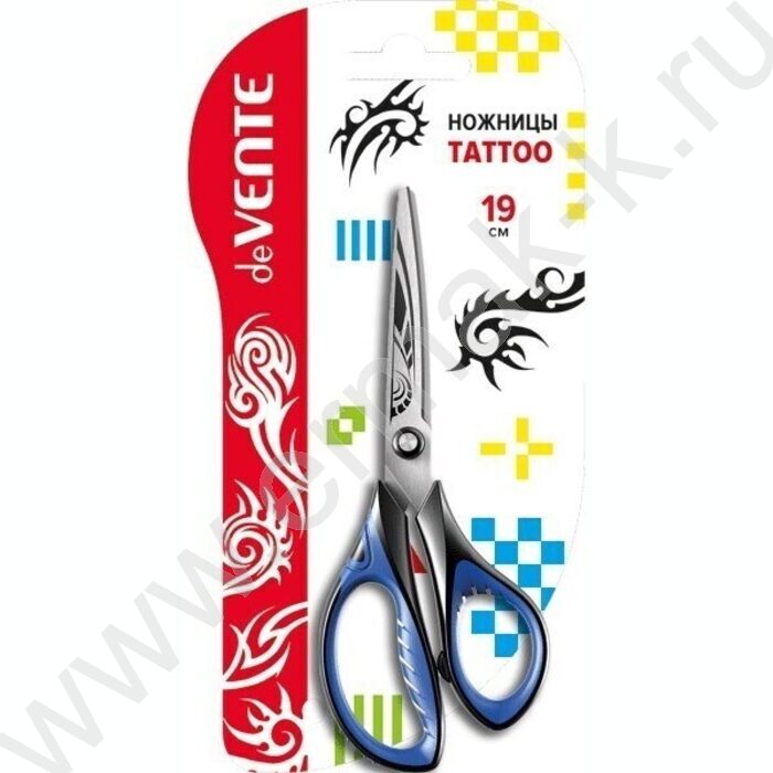 Ножницы 19см Tattoo двухцветные прорез. кольца, протравл. гравировка на лезвиях, картон. блистер | Фото 1