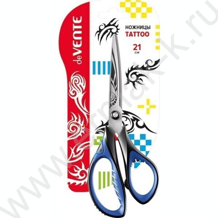 Ножницы 21см Tattoo двухцветные прорез. кольца, протравл. гравировка на лезвиях, картон. блистер | Фото 1