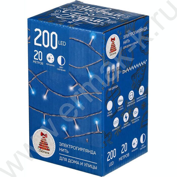 Эл./гирлянда LED  200 ламп Вьюн, 20м /белый,мерцание синий,белый провод,220В, коннектор | Фото 4
