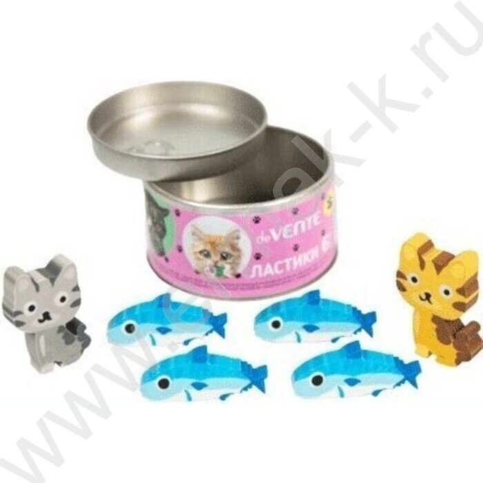 Ластик цветной "Need More Cats" /набор 6шт/ 2 котёнка и 4 рыбки /жестян. баночка | Фото 1