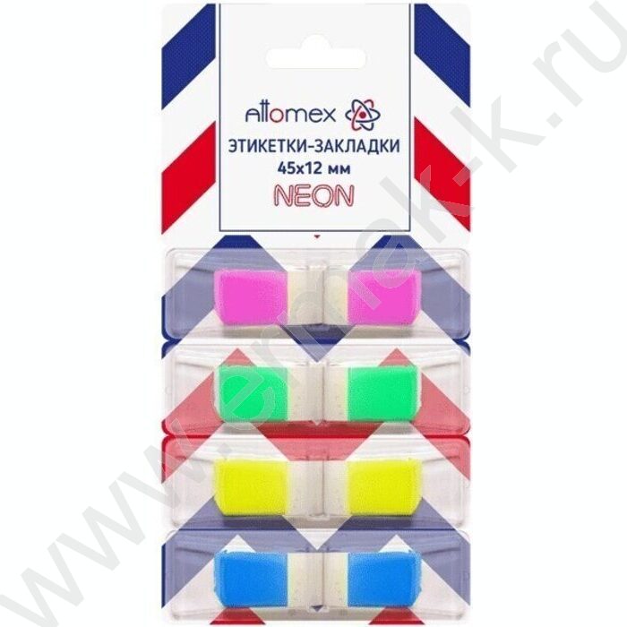 Набор самокл. этикеток-закладок 12*45мм /50л*4цв неон пластик полупр. пл.блистер | Фото 1