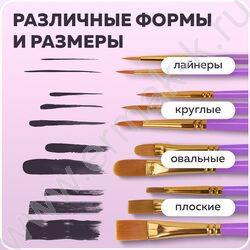 Кисть набор 10шт фиолетовые /синтетика - Круглые; Овальные; Плоские; Лайнеры/ блистер,европодвес | Фото 7