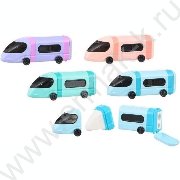 Точилка 2отв. пластик/с контейнером+ластик/ Автобус цветной корпус /ассорти/, выполнен в форме а | Фото 1