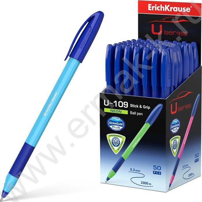 Ручка шар Ultra Glide Technolody U-109 Neon Stick&Grip 1,0мм синяя /форма корпуса - треугольная | Фото 3