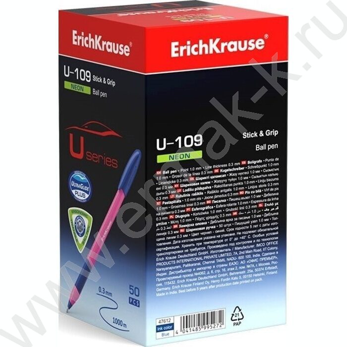 Ручка шар Ultra Glide Technolody U-109 Neon Stick&Grip 1,0мм синяя /форма корпуса - треугольная | Фото 5