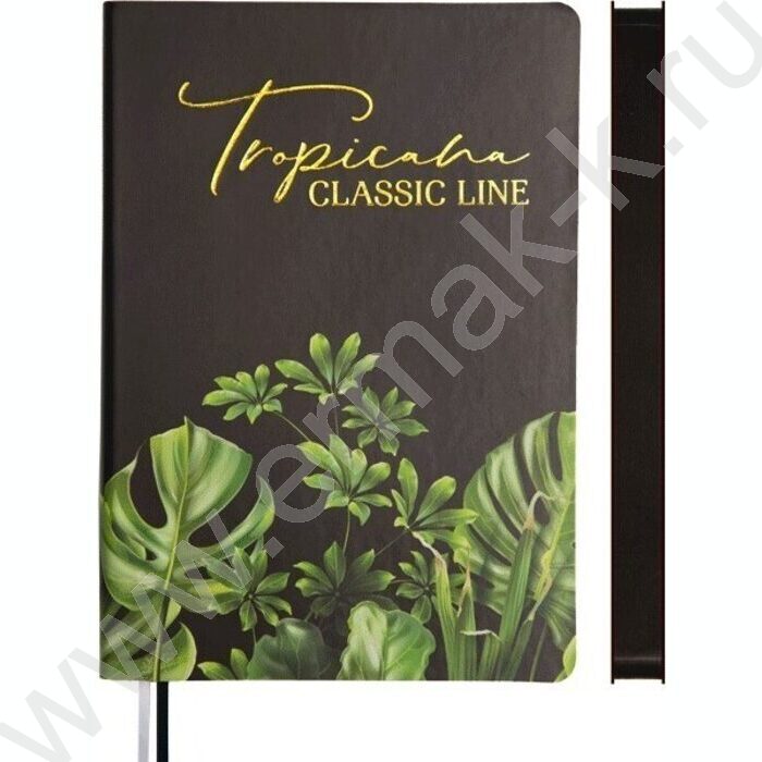 Ежедневник н/дат A5 160л "Tropicana" черный с гориз-м рисунком листьев /тв.обл. иск.кожа /2 лясс | Фото 1