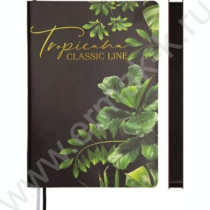 Ежедневник н/дат A5 160л "Tropicana" черный с вертик-м рисунком листьев /тв.обл. иск.кожа /2 ляс | Фото 1