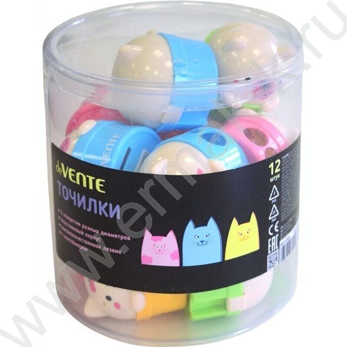 Точилка 2отв. разного диаметра, пластик /с контейнером / Kitties / в форме котенка /ассорти | Фото 3