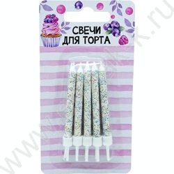 Свечи для торта с держателями белые, с глиттером | Фото 1