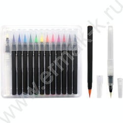 Маркер акварельный /набор  12цв + 1 кисть Water Brush/ наконечник-кисть из нейлона, 0,5мм ло 4мм | Фото 1