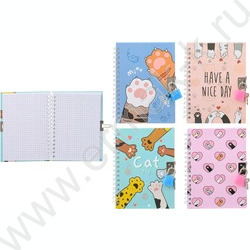 Блокнот  48л 15*11см спираль "Кошкины лапки" тв.обложка,замочек,блок-клетка ассорти | Фото 1