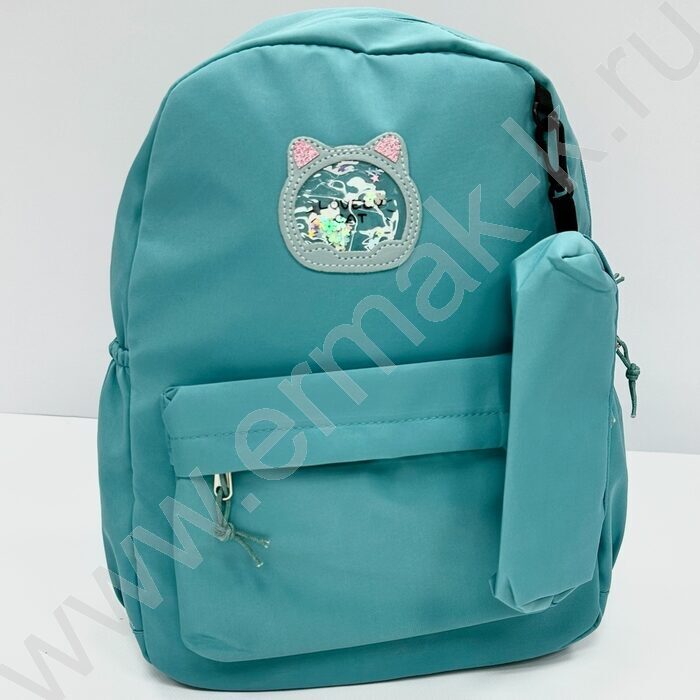 Рюкзак 40*30*13  "Котик" /1отд. 1 карман, пенал, брелок /бирюзовый | Фото 1