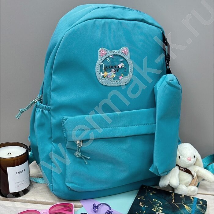 Рюкзак 40*30*13  "Котик" /1отд. 1 карман, пенал, брелок /бирюзовый | Фото 8