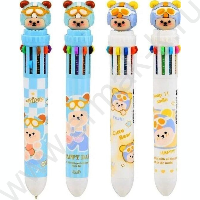 Ручка шар авт 10-ти цветная 0,7мм детская Мишка гонщик цв.корпус с рисунком ассорти, | Фото 1