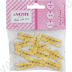 Прищепки декоративные "Golden" 3,5*0,7см  12шт, дерево /золотистые металлик /блистер | Фото 1