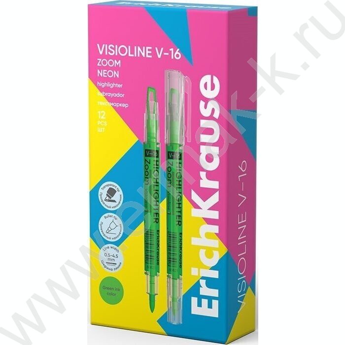 Текстовыделитель двустор. /зеленый/ пуля-0,5мм, косой-4,5мм Visioline V-16 Zoom Neon | Фото 2